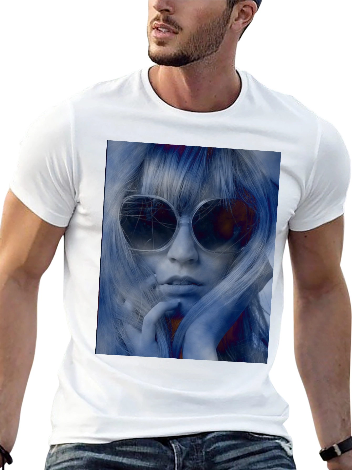 Retro Chic Tee: Black T-Shirt with Sunglasses Woman Print