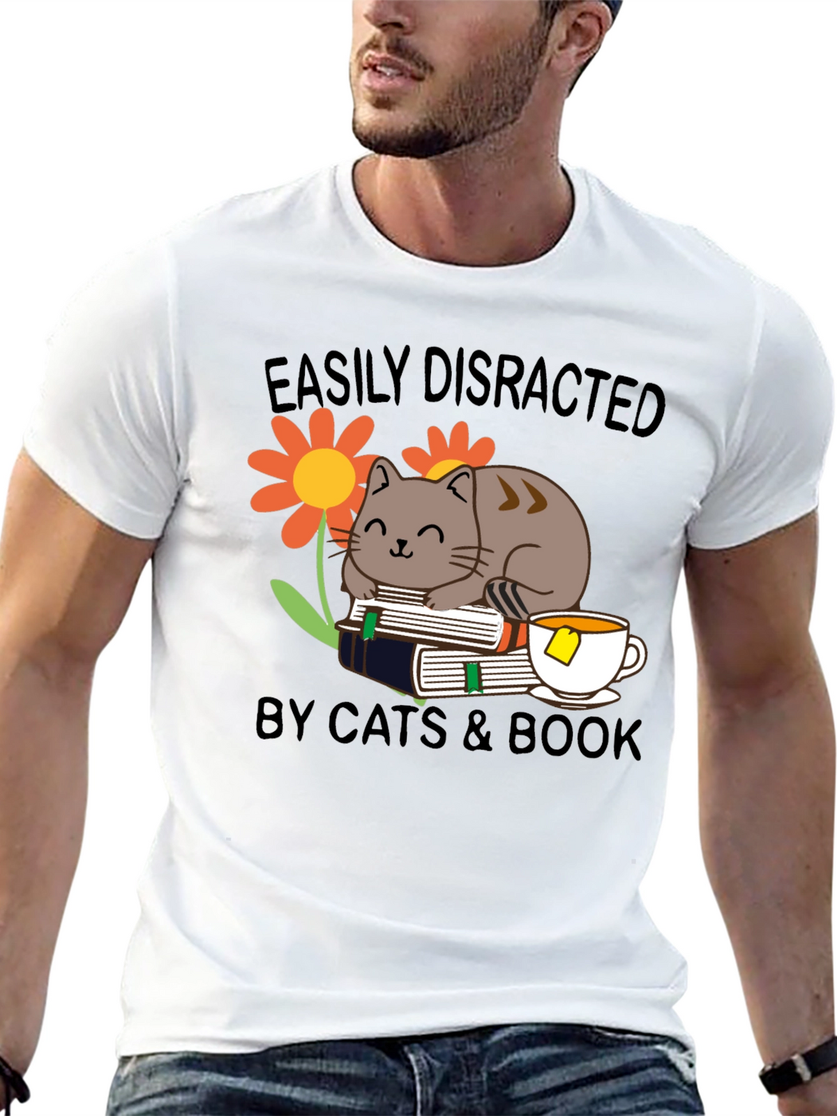 Easily Distracted Cat & Book T-Shirt