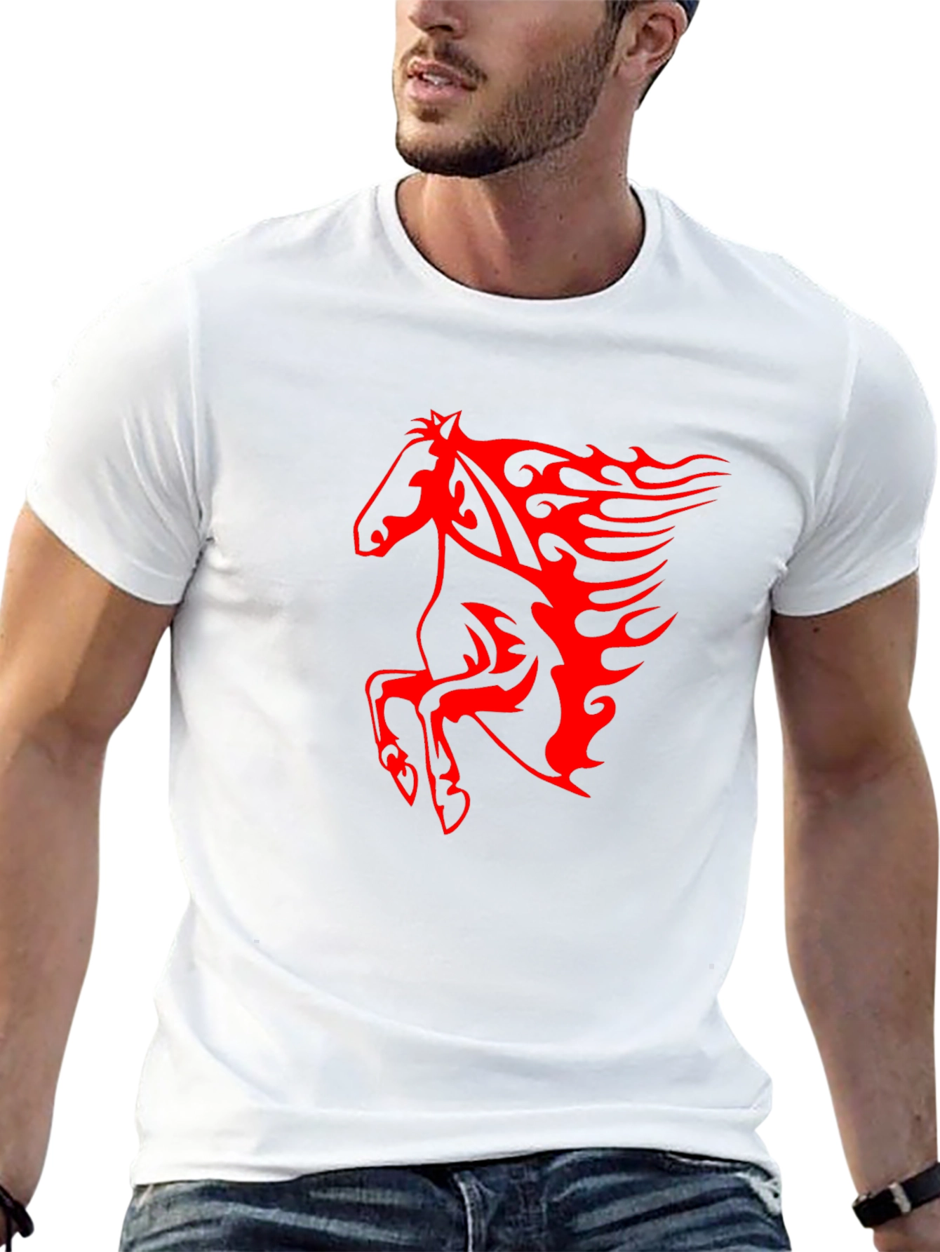 Mens Black T-Shirt with Fiery Red Horse Graphic