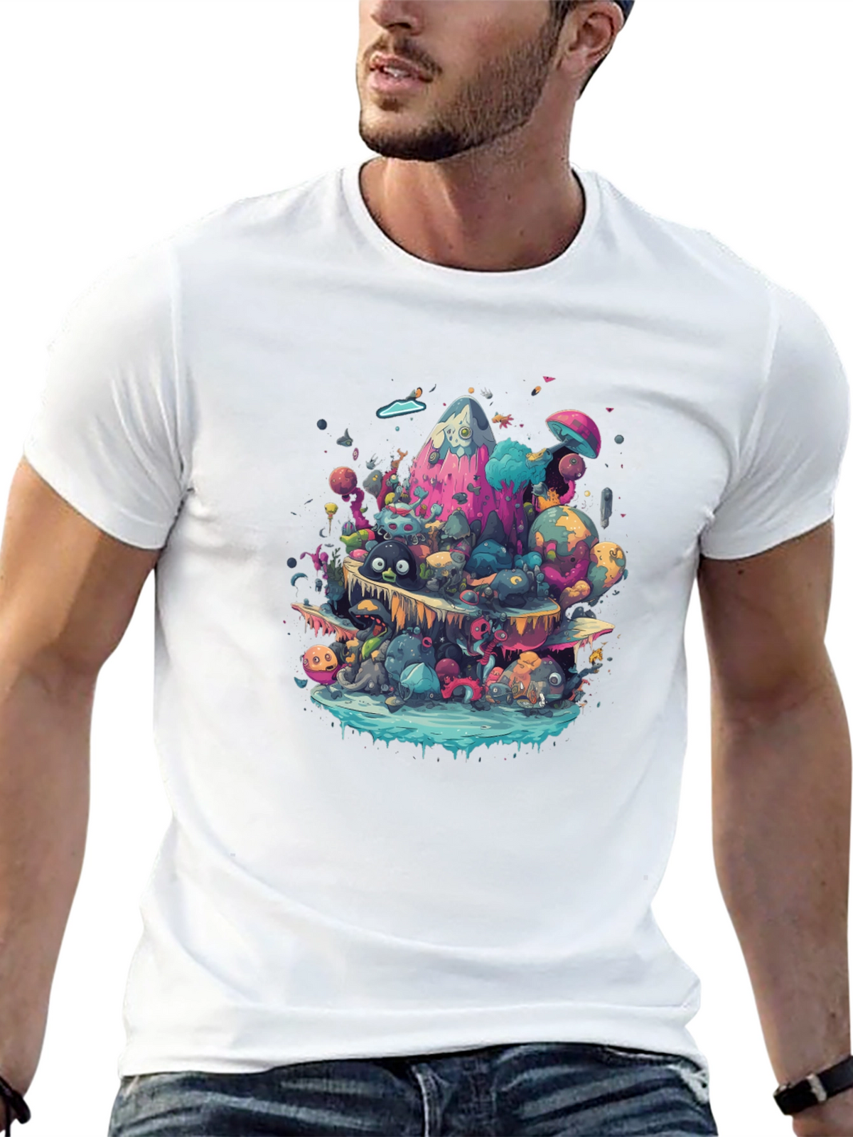 Vibrant Cartoon Creature Graphic Black T-Shirt
