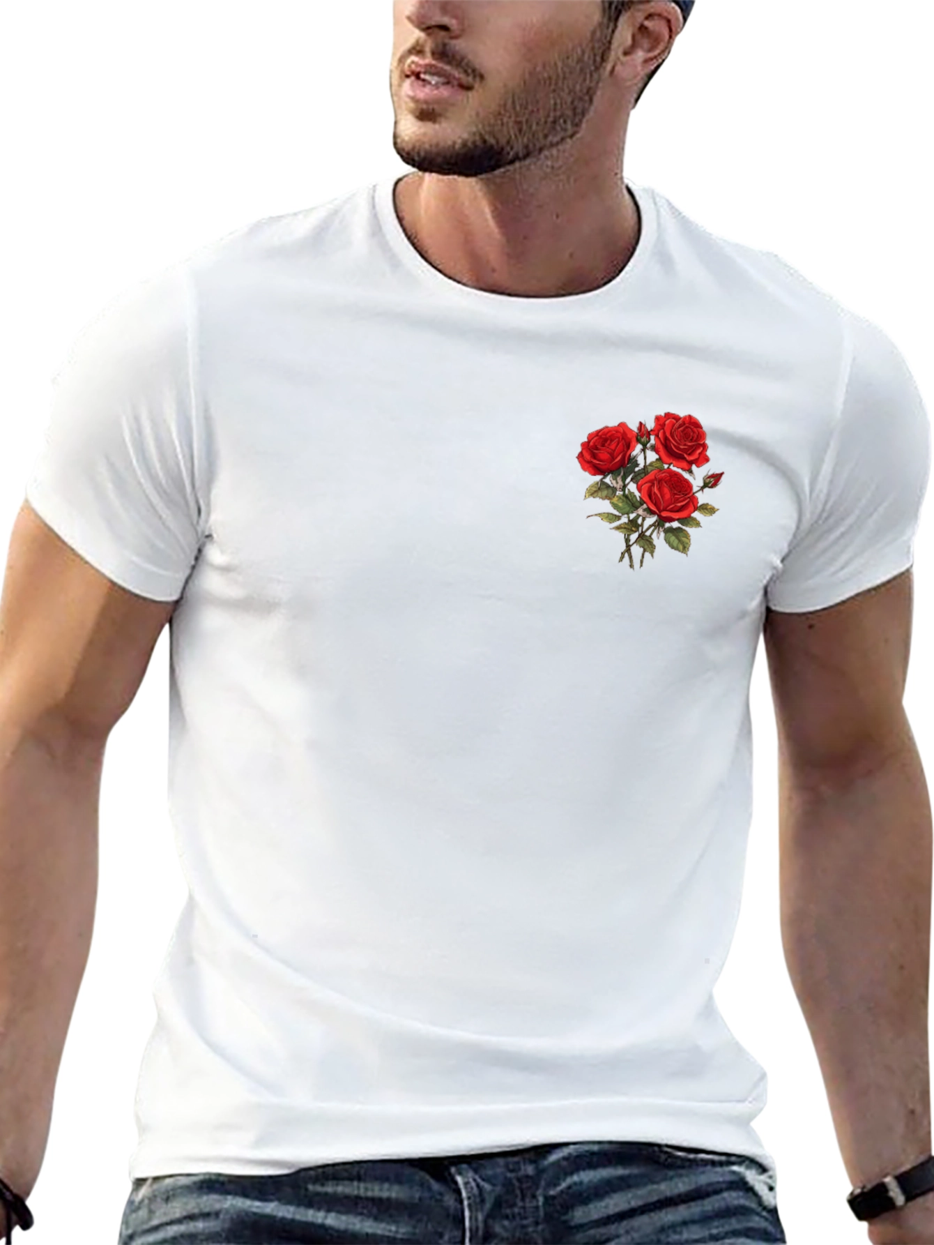 Mens Black T-Shirt with Rose Bouquet Design