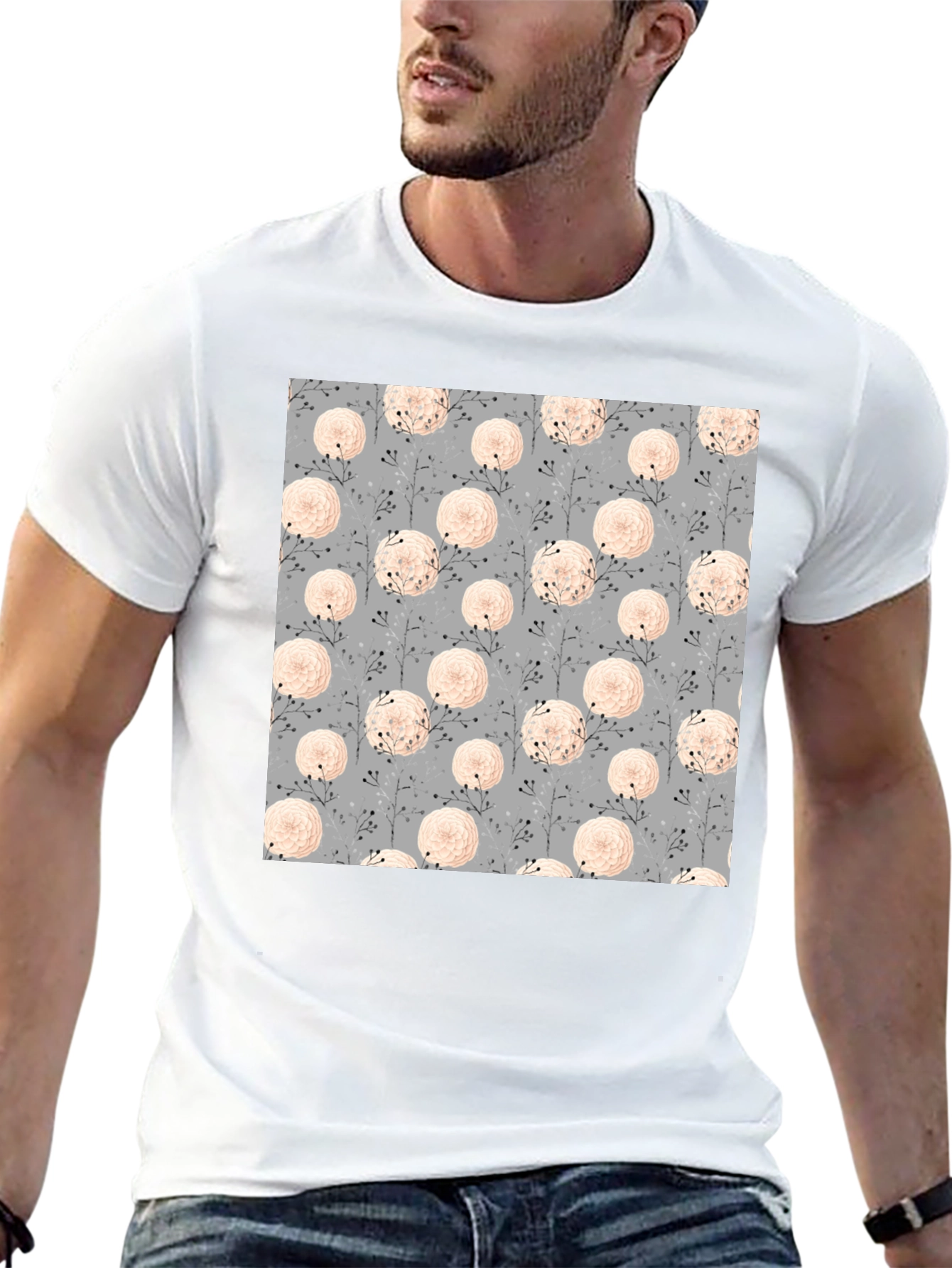 Floral Pattern Black Tee for Men