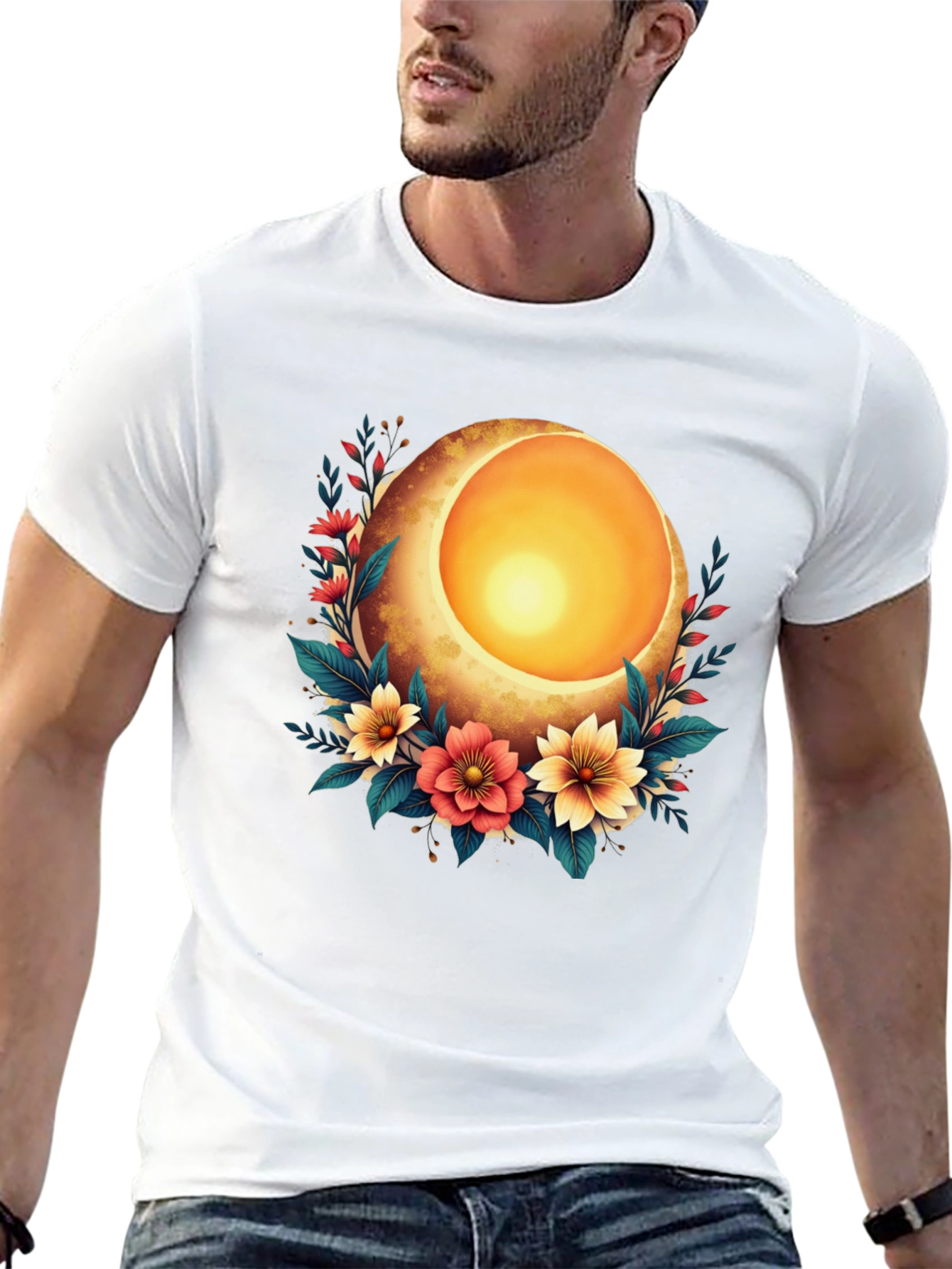 Floral Moon Graphic T-Shirt - Stylish Black Tee
