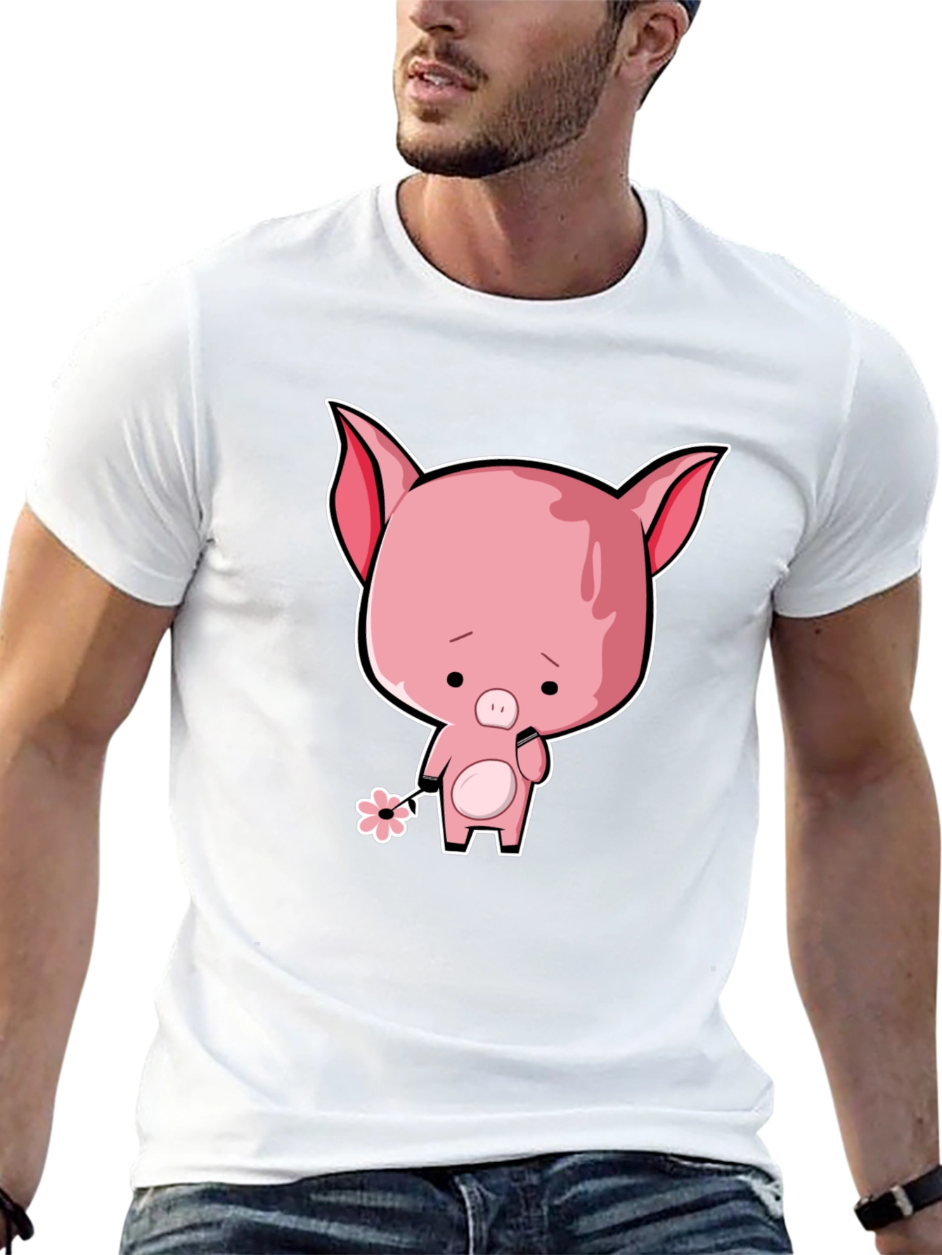 Sad Pig Cartoon T-Shirt - Black