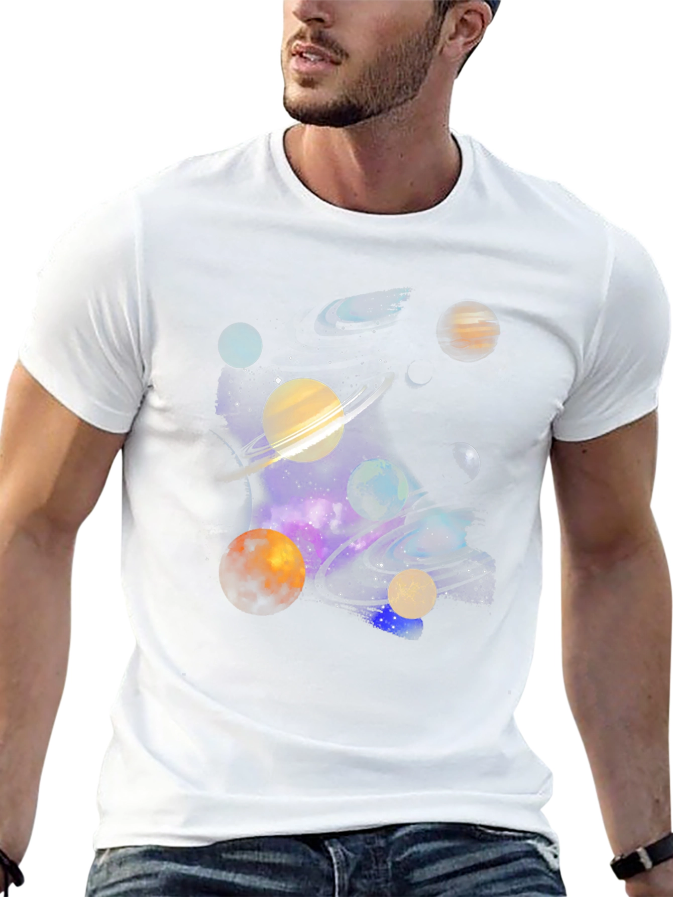 Galaxy Planets Graphic Tee - Black Cotton Casual T-Shirt