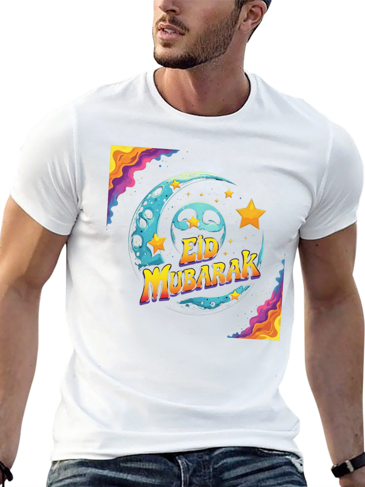 Eid Mubarak Graphic T-Shirt - Festive Moon & Stars