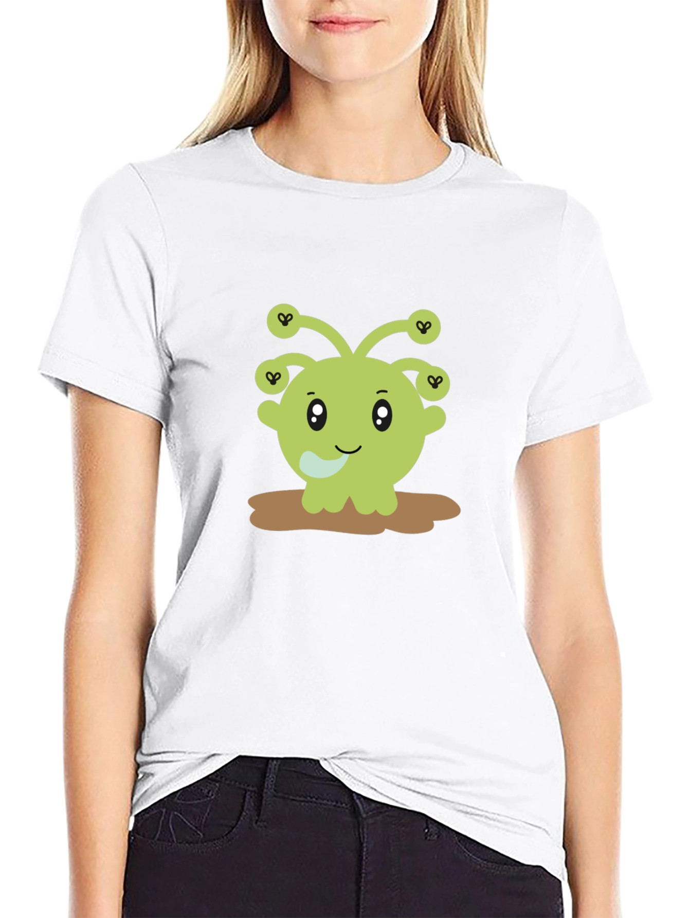 Cute Alien Cartoon Graphic Print Black T-Shirt