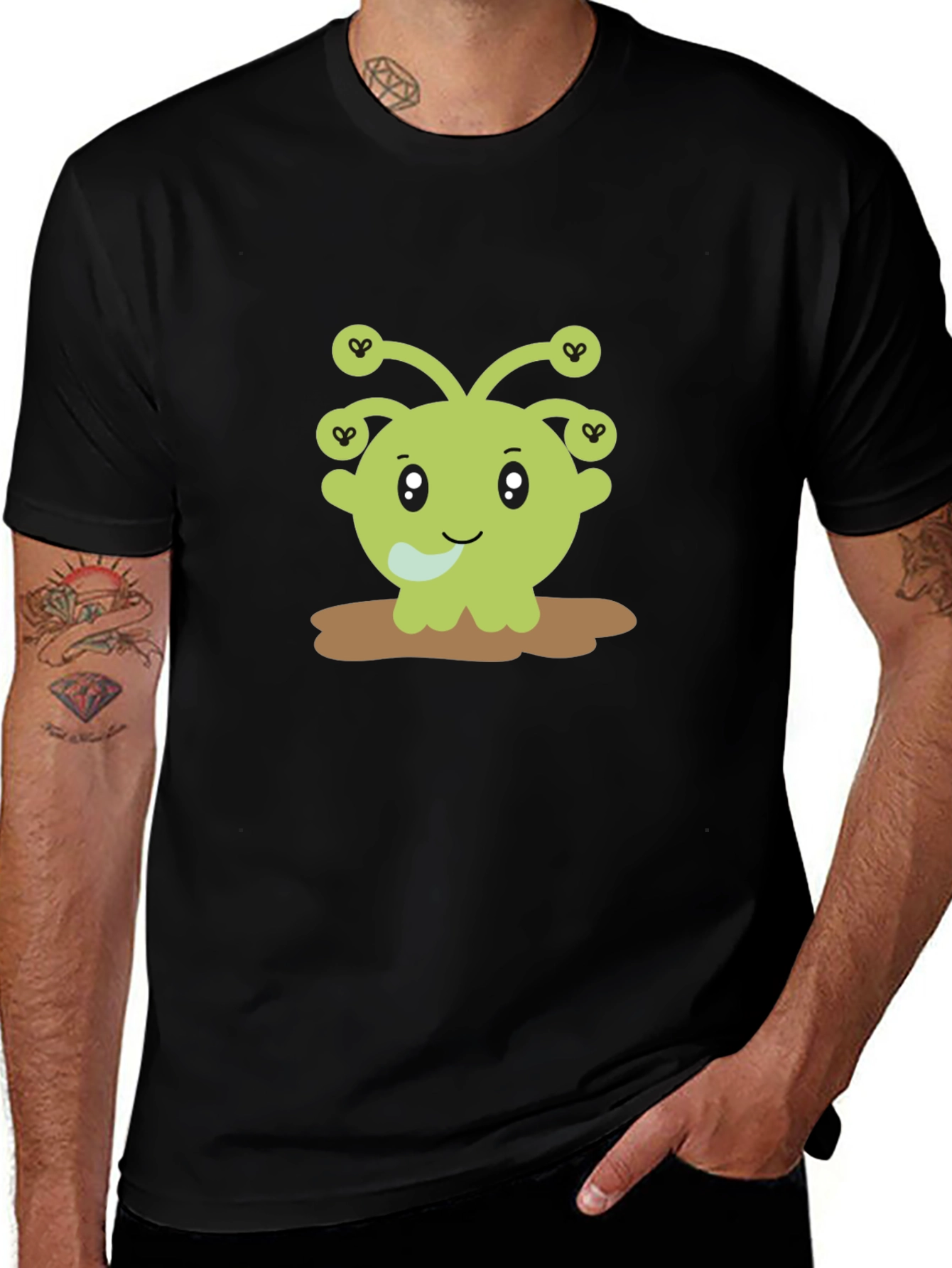 Cute Alien Cartoon Graphic Print Black T-Shirt
