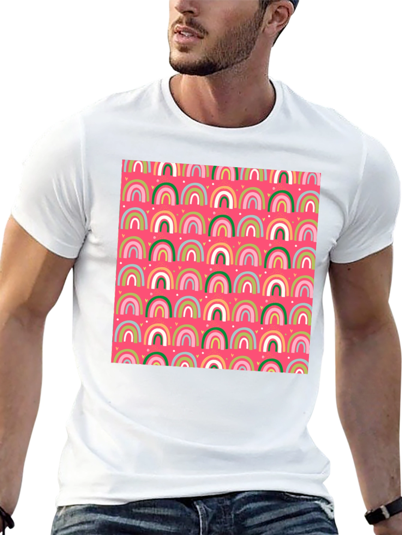 Rainbow Heart Pattern Crew Neck T-Shirt