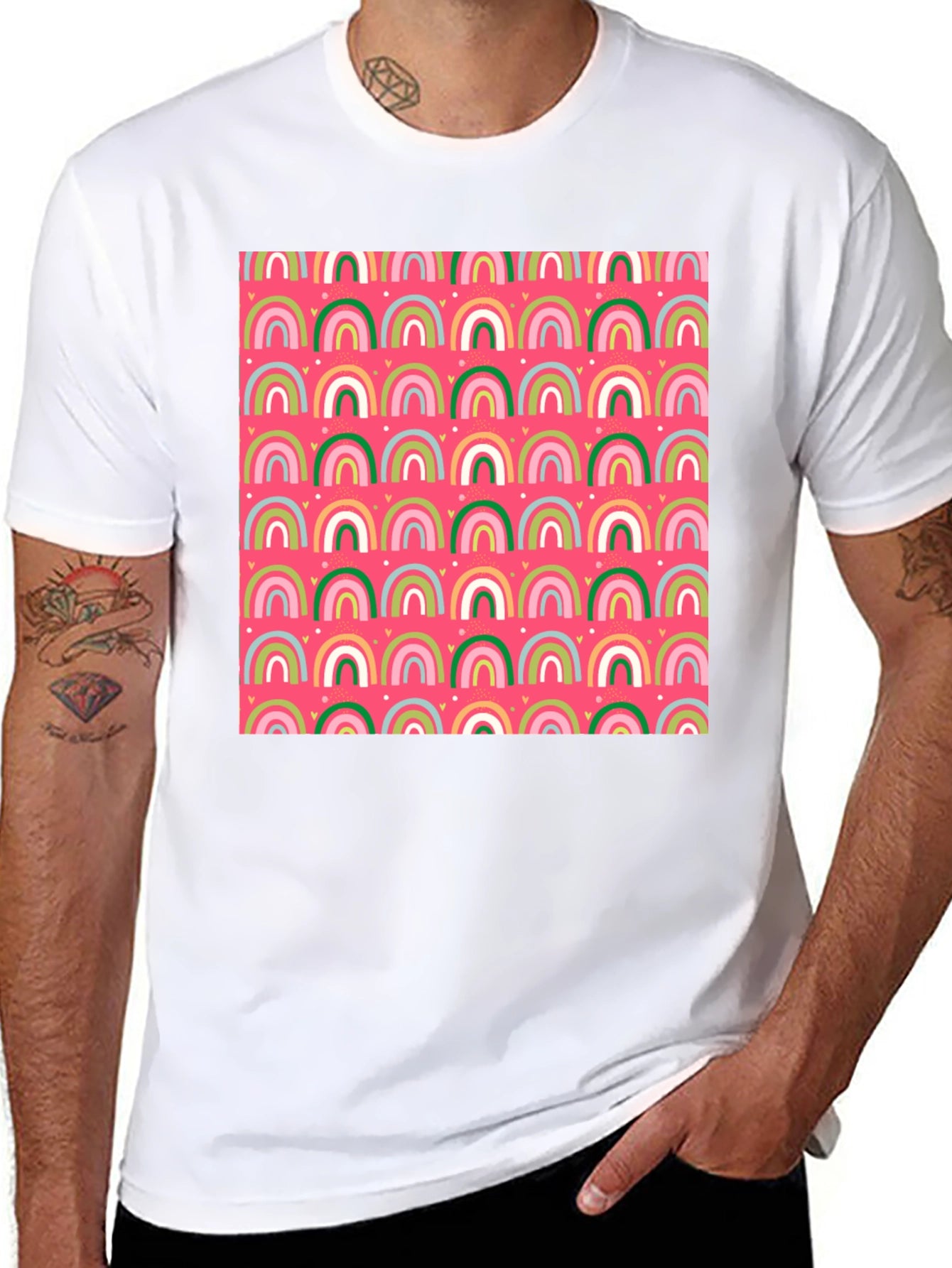Rainbow Heart Pattern Crew Neck T-Shirt