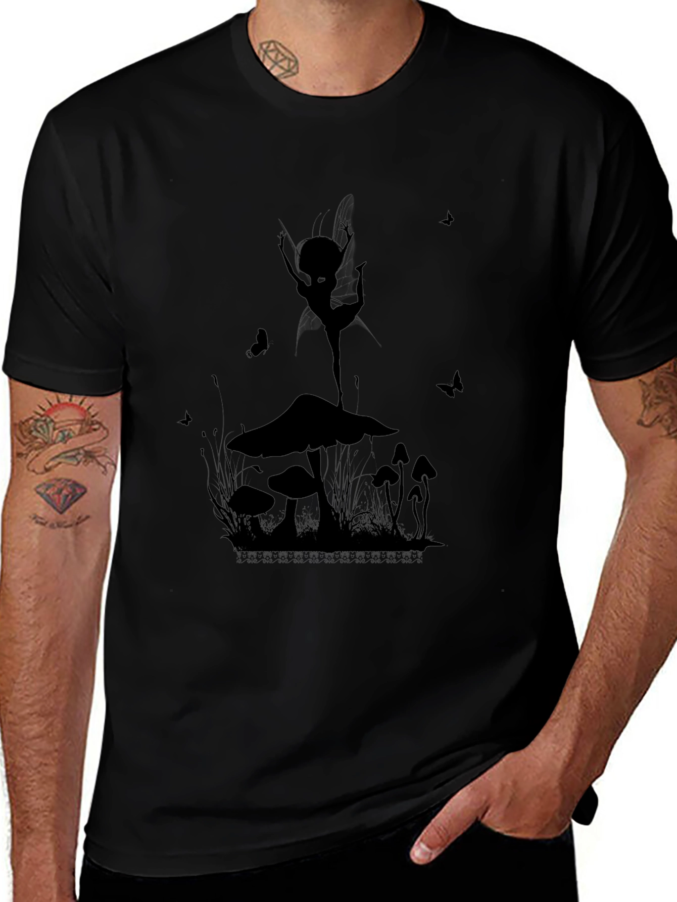 Mushroom Fairy Graphic T-Shirt - Black Cotton Tee