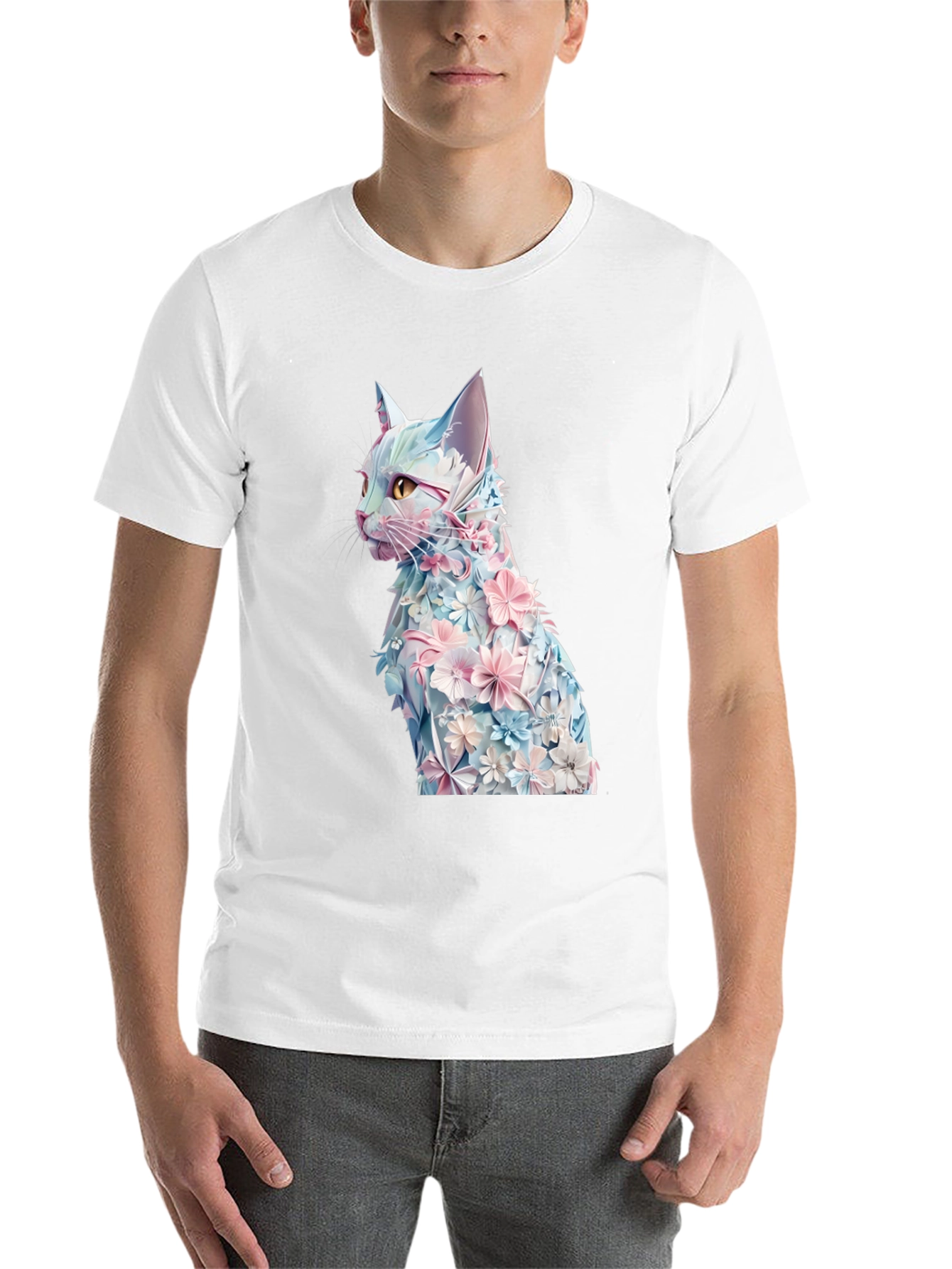 Floral Cat Graphic Tee - Stylish Black T-Shirt