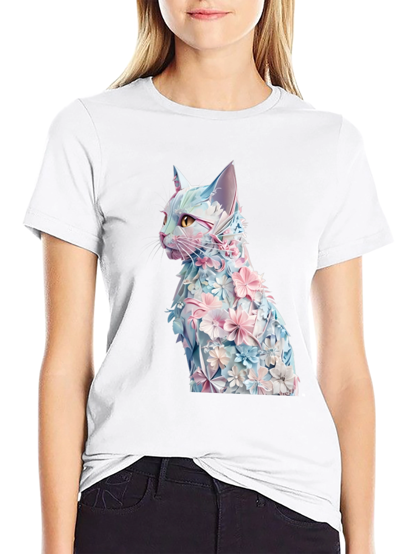 Floral Cat Graphic Tee - Stylish Black T-Shirt