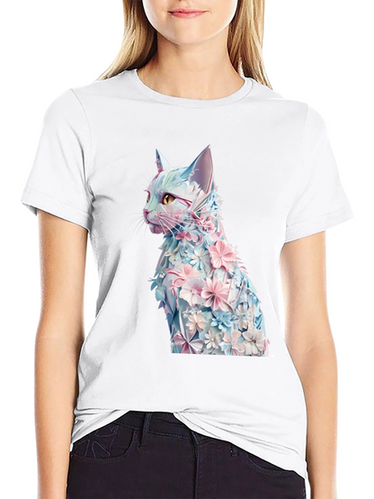 Floral Cat Graphic Tee - Stylish Black T-Shirt
