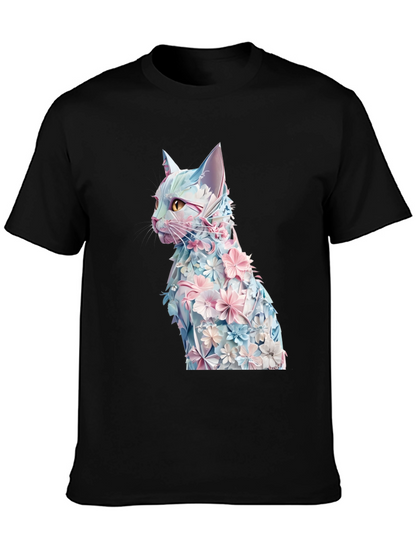 Floral Cat Graphic Tee - Stylish Black T-Shirt