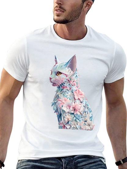 Floral Cat Graphic Tee - Stylish Black T-Shirt