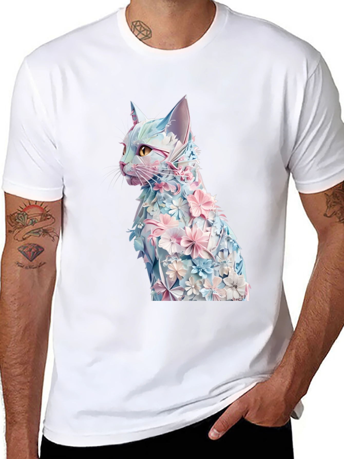 Floral Cat Graphic Tee - Stylish Black T-Shirt
