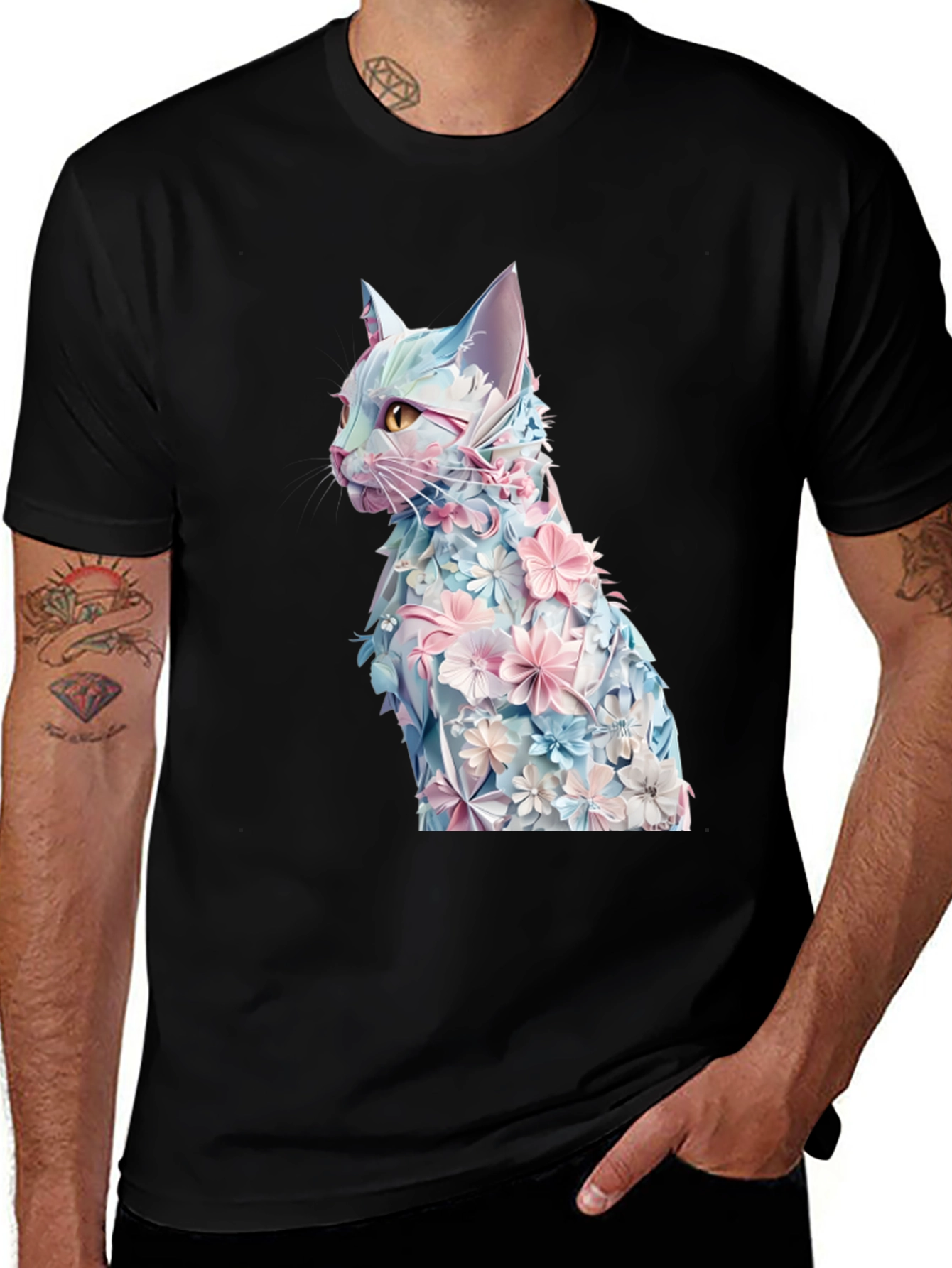 Floral Cat Graphic Tee - Stylish Black T-Shirt