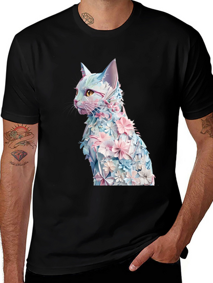 Floral Cat Graphic Tee - Stylish Black T-Shirt