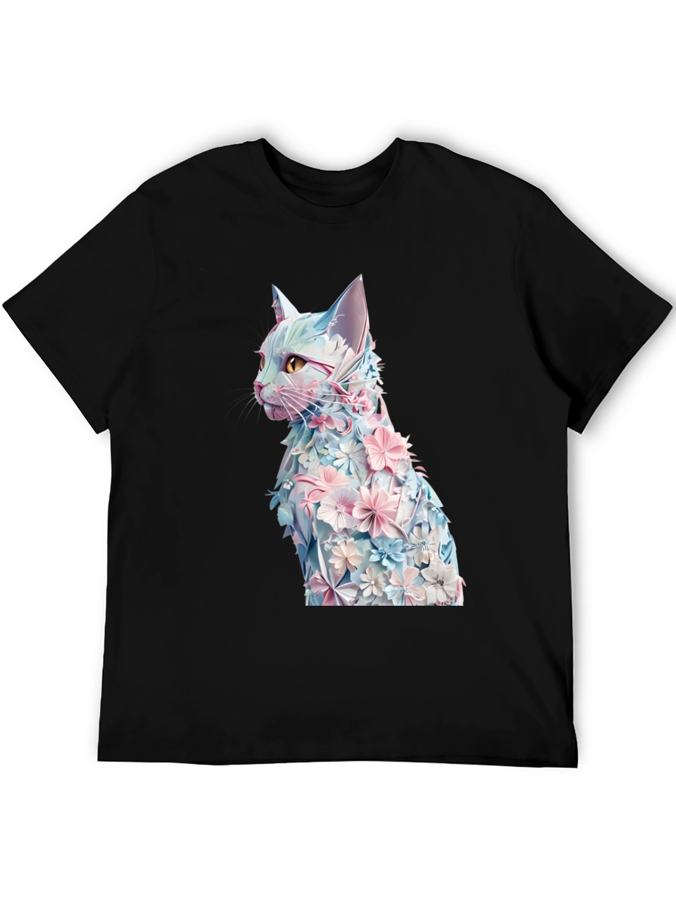 Floral Cat Graphic Tee - Stylish Black T-Shirt