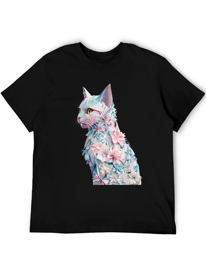 Floral Cat Graphic Tee - Stylish Black T-Shirt
