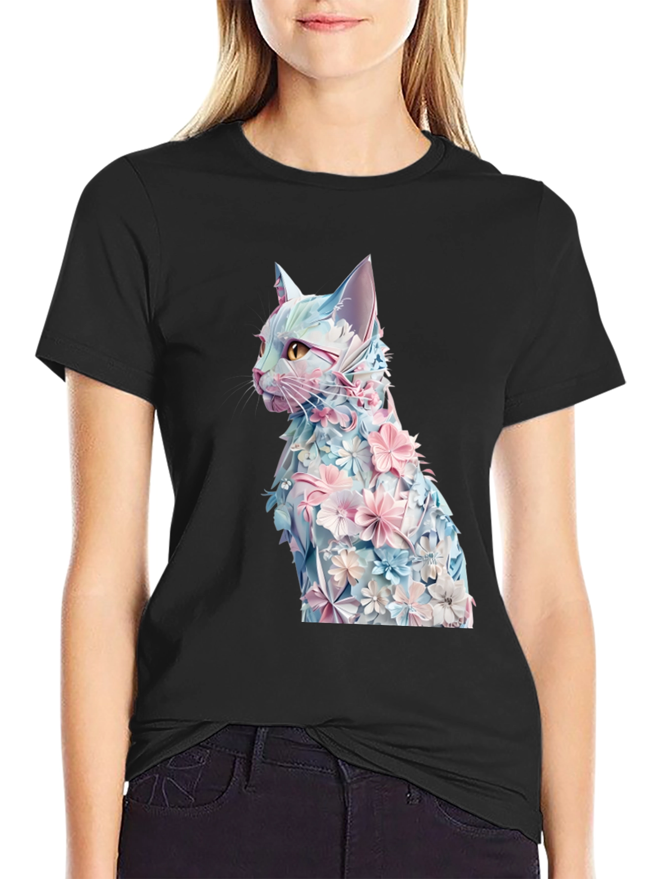 Floral Cat Graphic Tee - Stylish Black T-Shirt