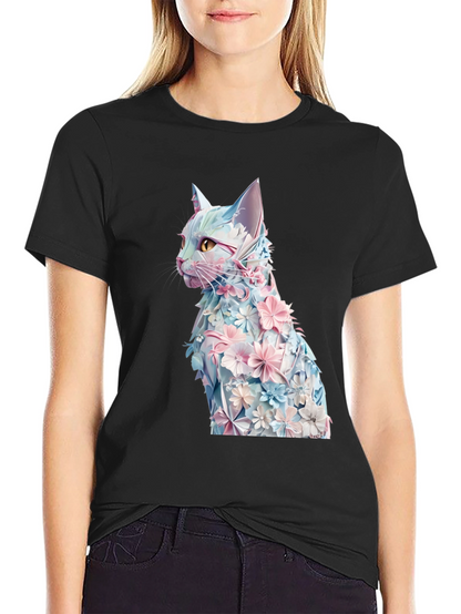 Floral Cat Graphic Tee - Stylish Black T-Shirt