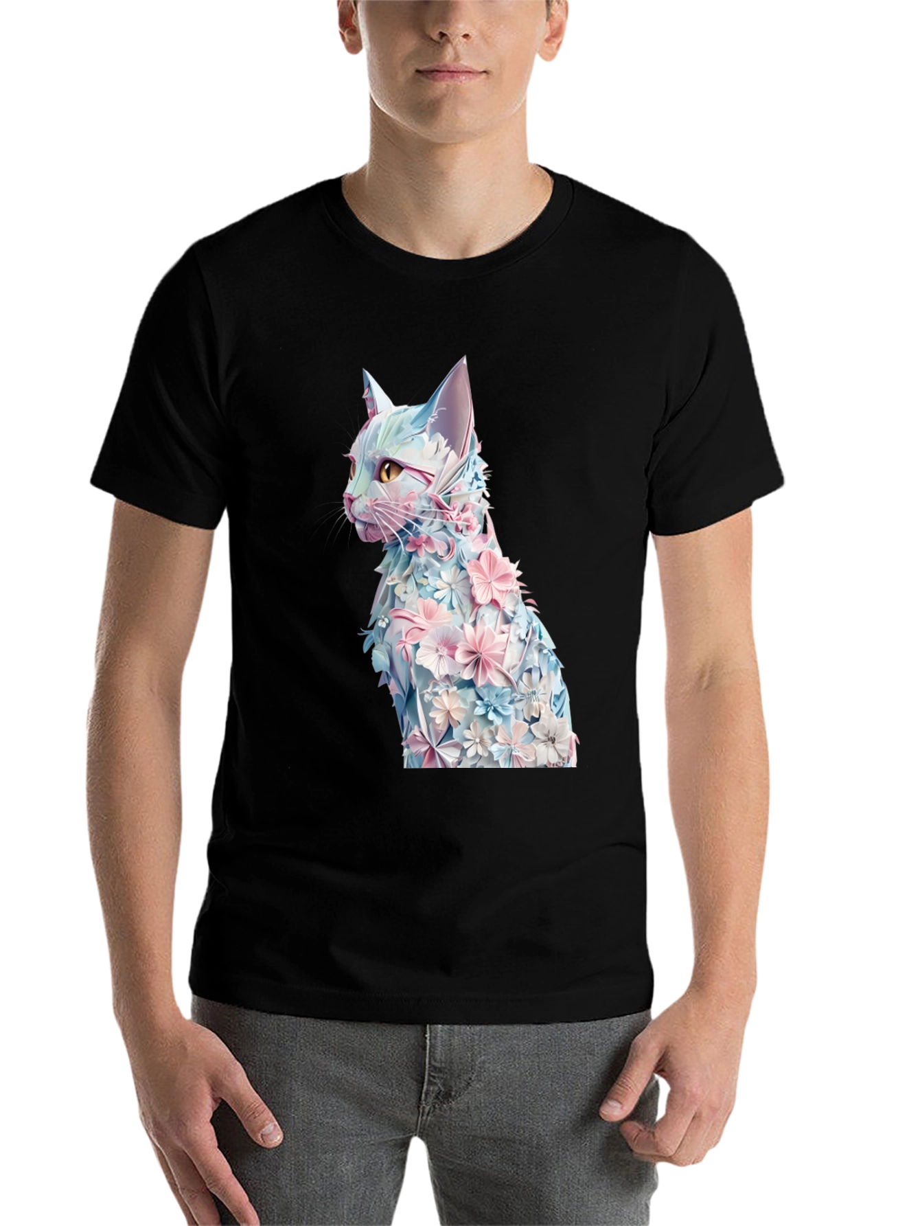 Floral Cat Graphic Tee - Stylish Black T-Shirt