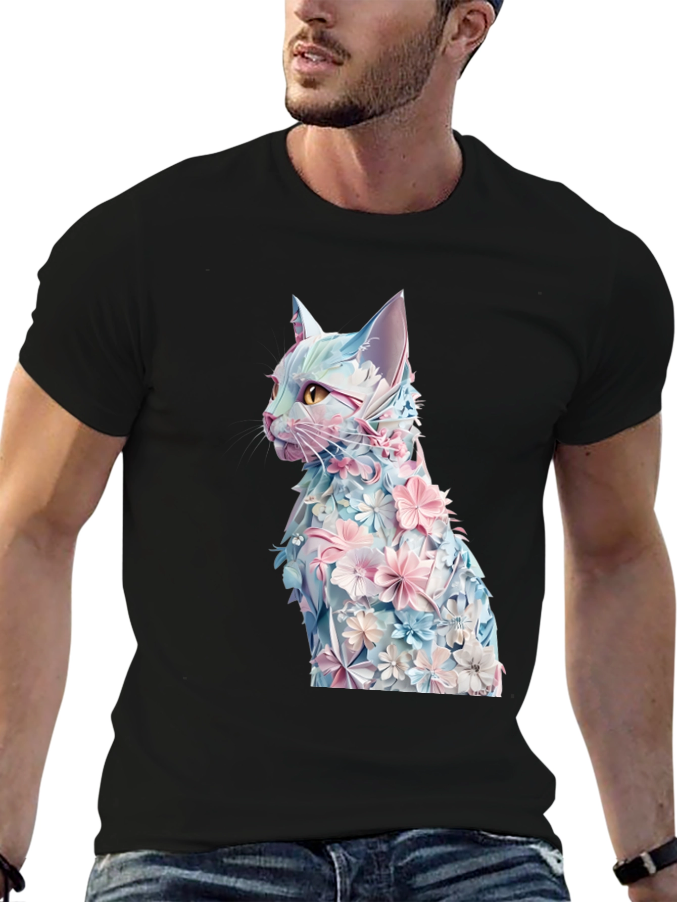 Floral Cat Graphic Tee - Stylish Black T-Shirt