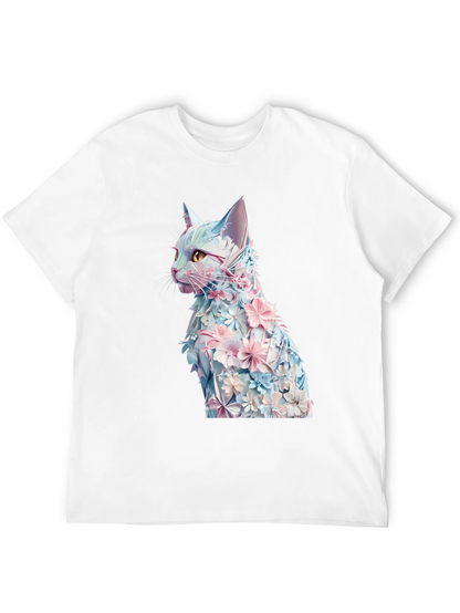 Floral Cat Graphic Tee - Stylish Black T-Shirt