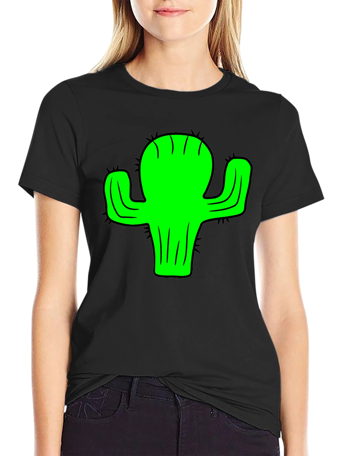 Green Cactus Graphic Black T-Shirt