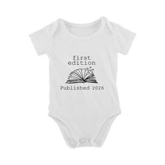 First Edition Published 2026 Baby Bodysuit | Book Heart Line Art Print Newborn Onesie
