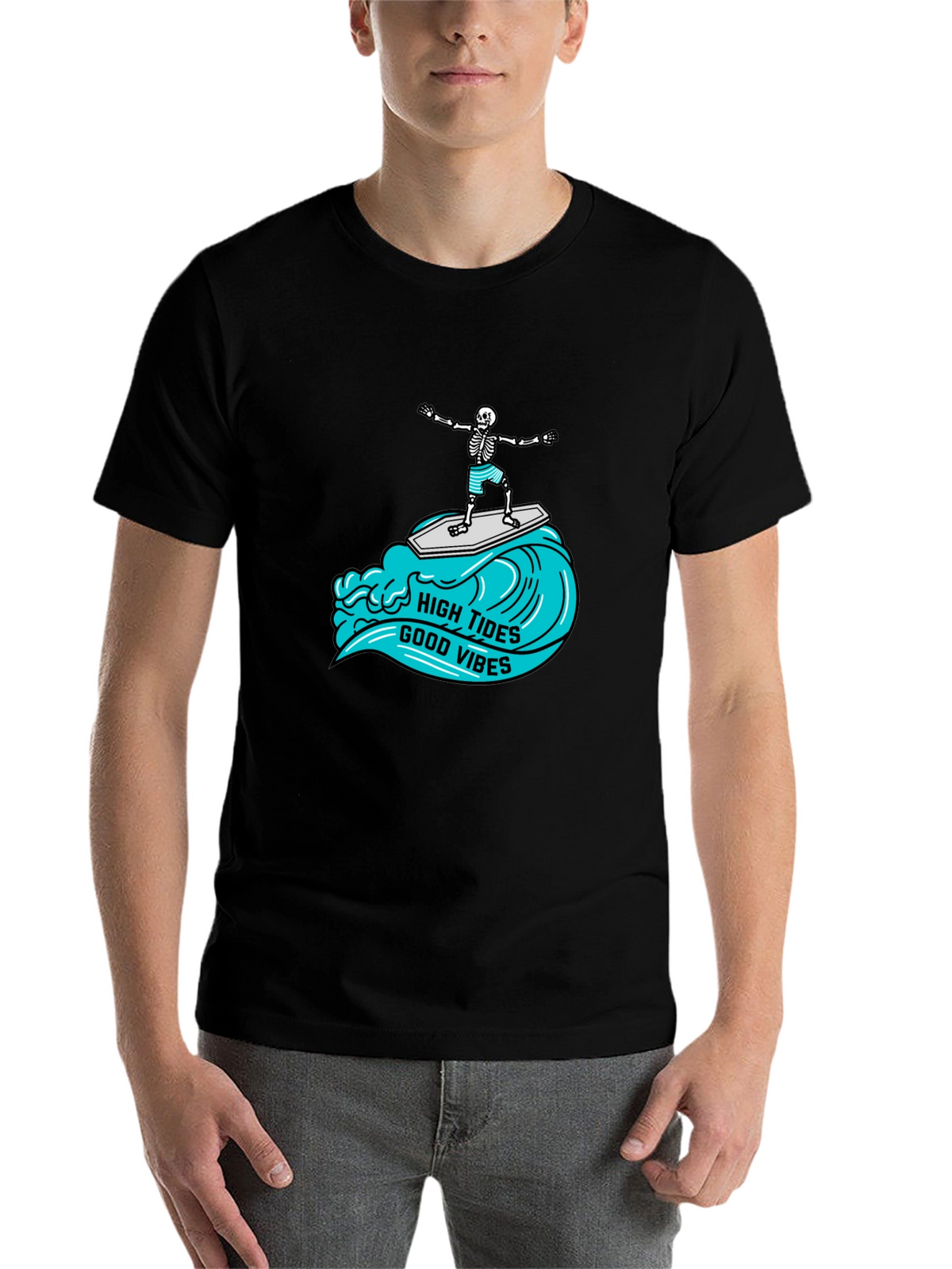 High Tides Good Vibes Skeleton Surfing Tee
