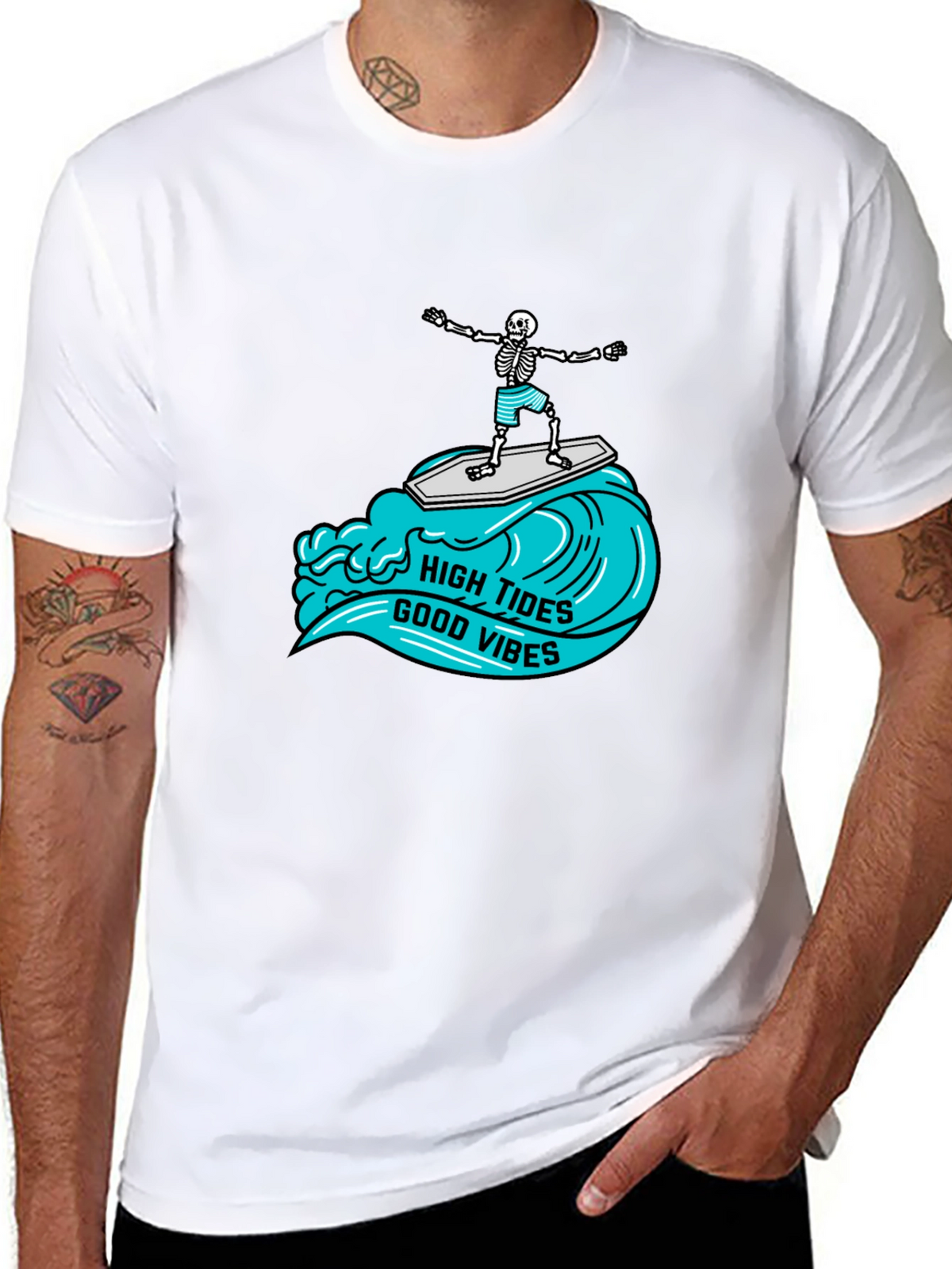 High Tides Good Vibes Skeleton Surfing Tee