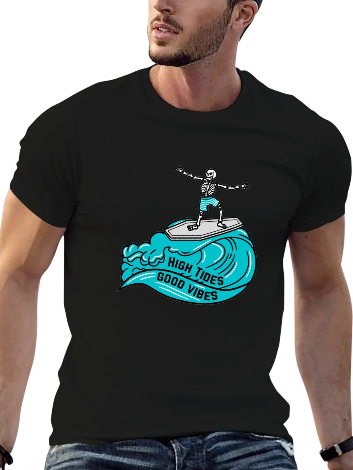 High Tides Good Vibes Skeleton Surfing Tee