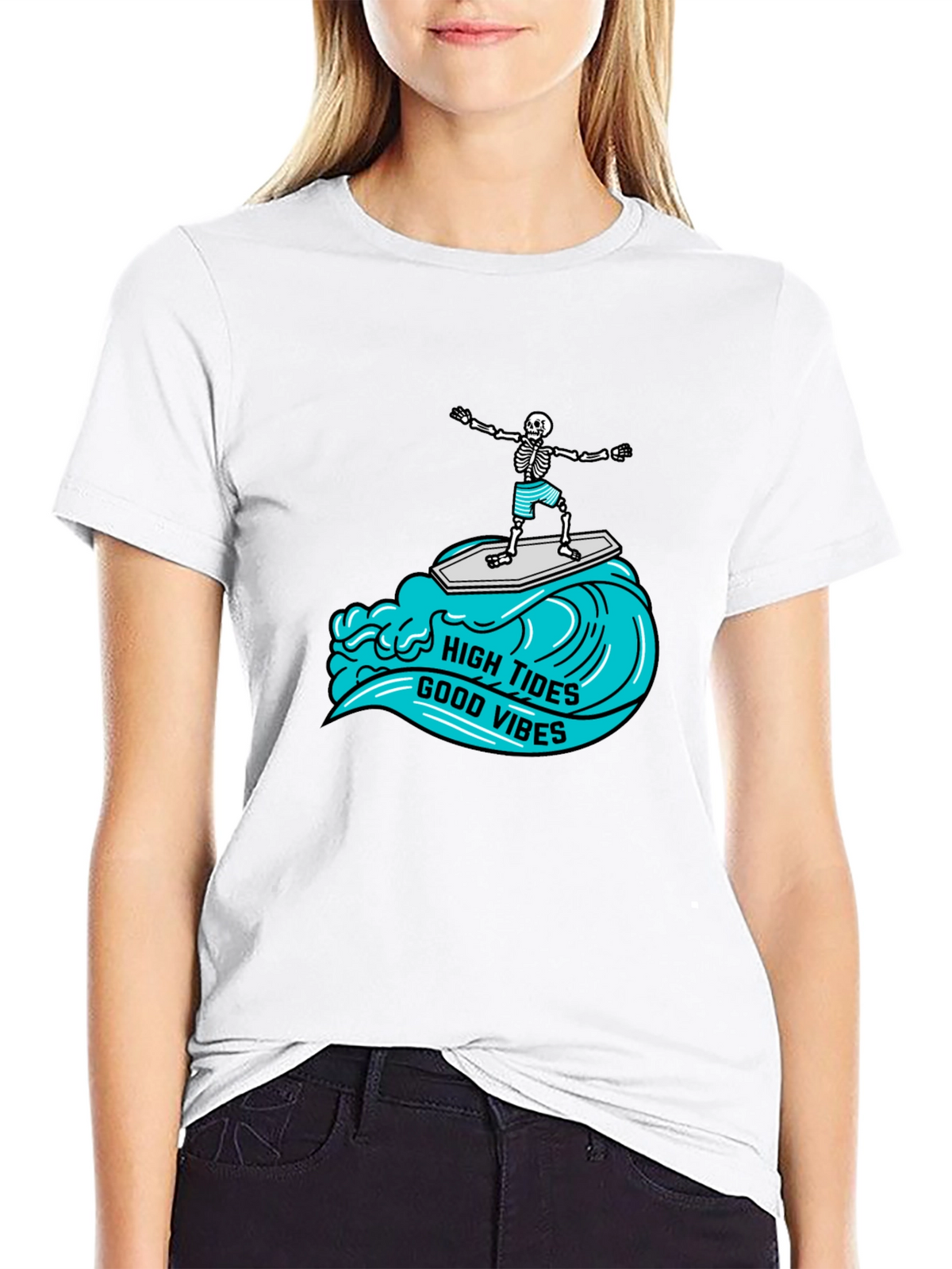 High Tides Good Vibes Skeleton Surfing Tee
