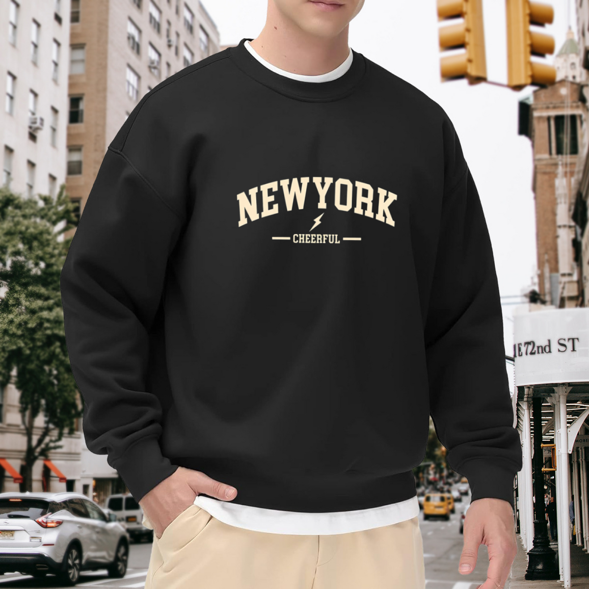 Retro NEW YORK CHEERFUL Lightning Graphic Crewneck Sweatshirt