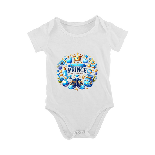 The Prince Has Arrived Blue Crown Bottle Shoe Print Baby Boy Announcement Romper