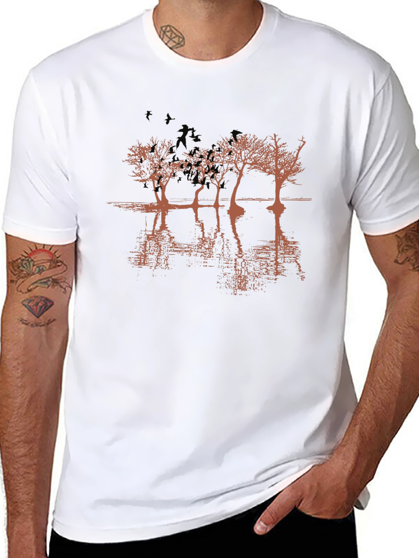 Mens Black Graphic T-Shirt - Tree Reflection Design