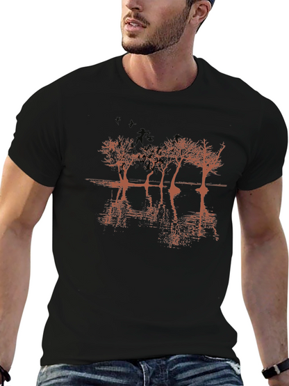 Mens Black Graphic T-Shirt - Tree Reflection Design