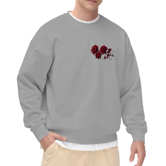 Small Side Red Rose Grey Casual Crewneck Sweatshirt