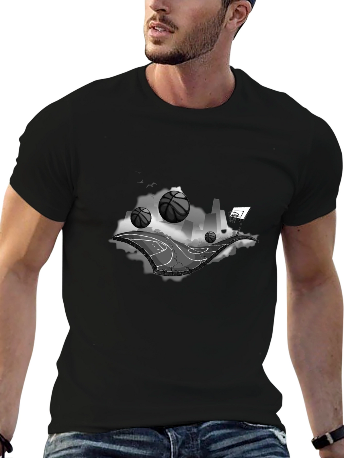Basketball Cityscape Black T-Shirt