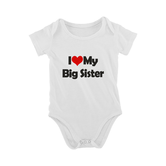 Bold Font I Love My Big Sister Heart Print Baby Onesie, Cute Sibling Newborn Bodysuit
