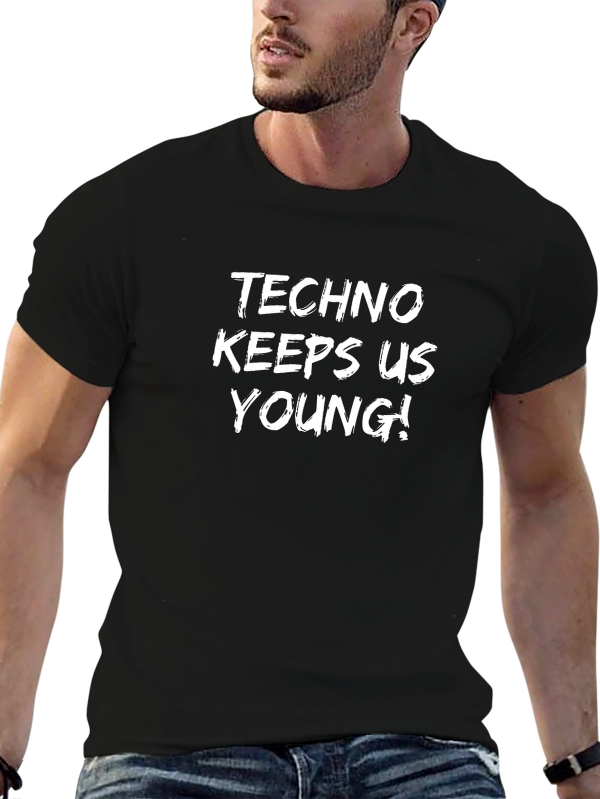 Techno Keeps Us Young! Black Graphic T-Shirt