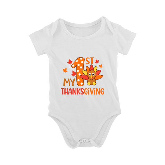 Polka Dot 1st Thanksgiving Cartoon Turkey White Baby Holiday Photo Romper