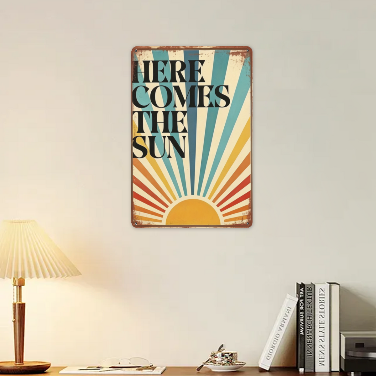 Retro Sunburst Here Comes The Sun Wall Metal Sign