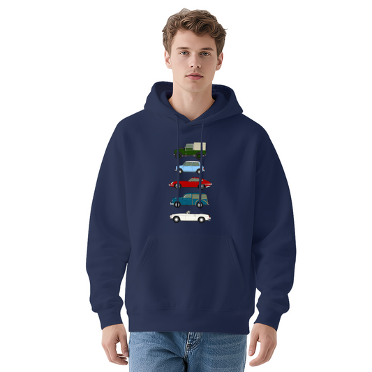 Vintage Classic Car Stack Navy Hoodie, Car Guy Soft Comfort Pullover