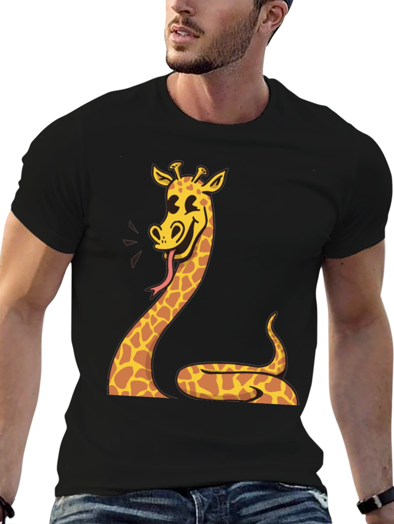 Giraffe Snake Graphic Tee - Unique Mens Black T-Shirt
