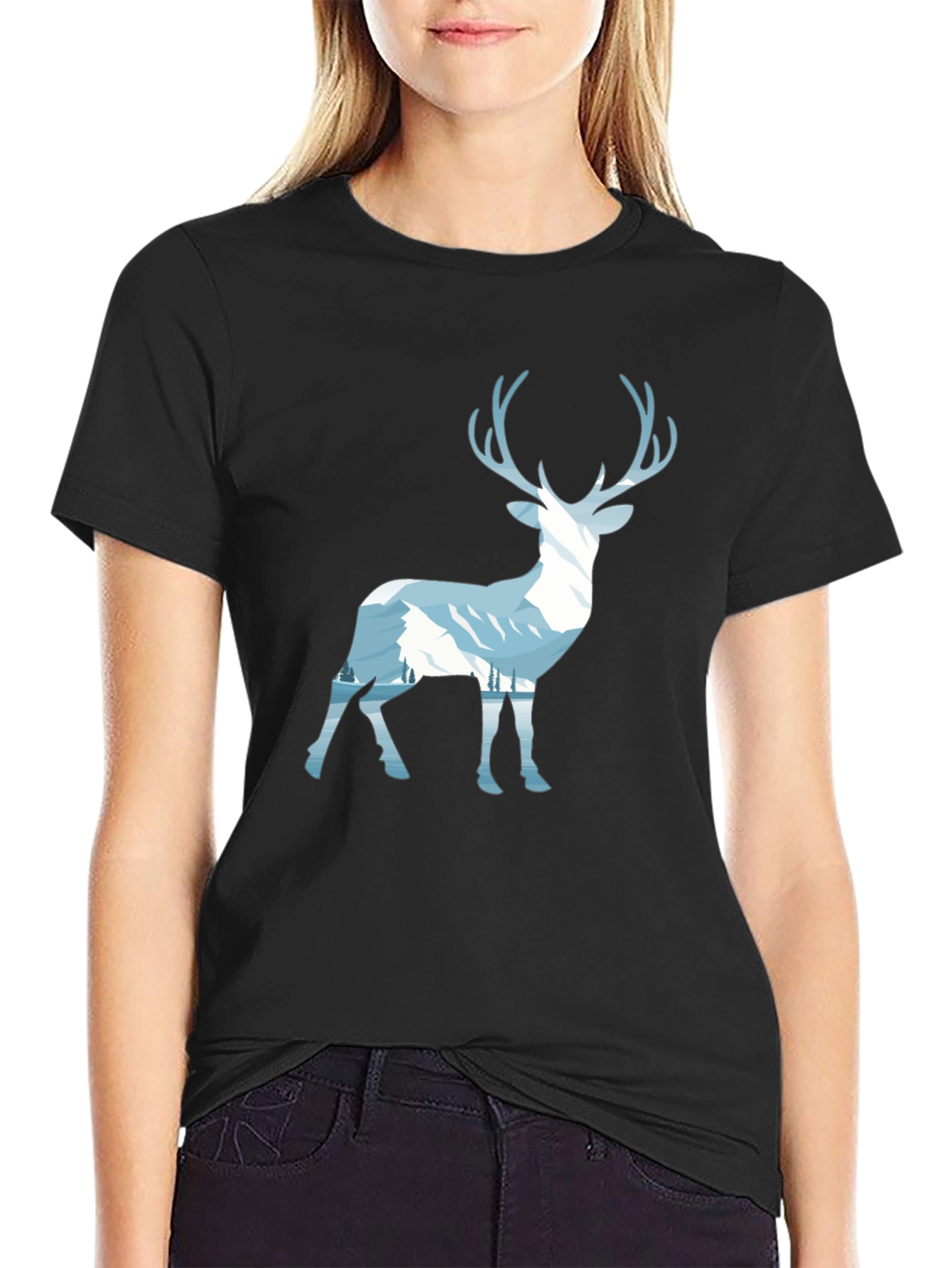 Mountain Deer Graphic Tee - Black Cotton Blend