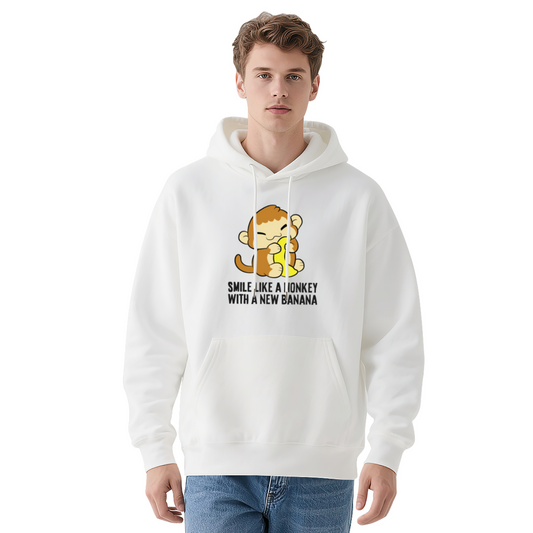 Cute Monkey Banana Cartoon White Hoodie, Soft Sweet Casual Men Women Pullover